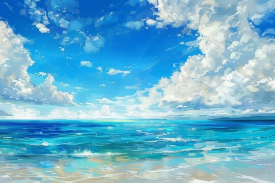Painting of the Ocean With Clouds in the Sky