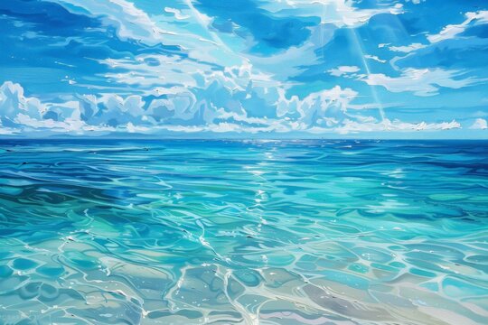 A Painting of a Blue Ocean With Clouds