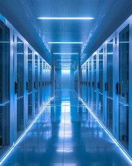 Fototapeta premium Data center powered by renewable energy, rows of servers, cool blue light, front view, modern