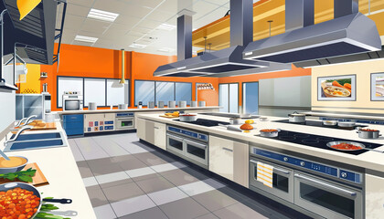Culinary School Kitchen A culinary school set with cooking stations, chef demonstrations, and culinary challenges for cooking competition shows