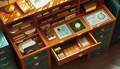 Detective Agency Secret Headquarters A secret detective agency set with hidden compartments, spy gadgets, and investigation boards for detective series - obrazy, fototapety, plakaty