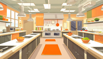 Culinary School Kitchen A culinary school set with cooking stations, chef demonstrations, and culinary challenges for cooking competition shows