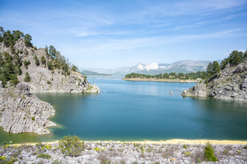 Scenic view of Karacaoren dam , barrage ( Karacaoren Baraj Golu )  from Karadag with Beautiful mountainous scenery with lots of nature, Burdur, Turkey