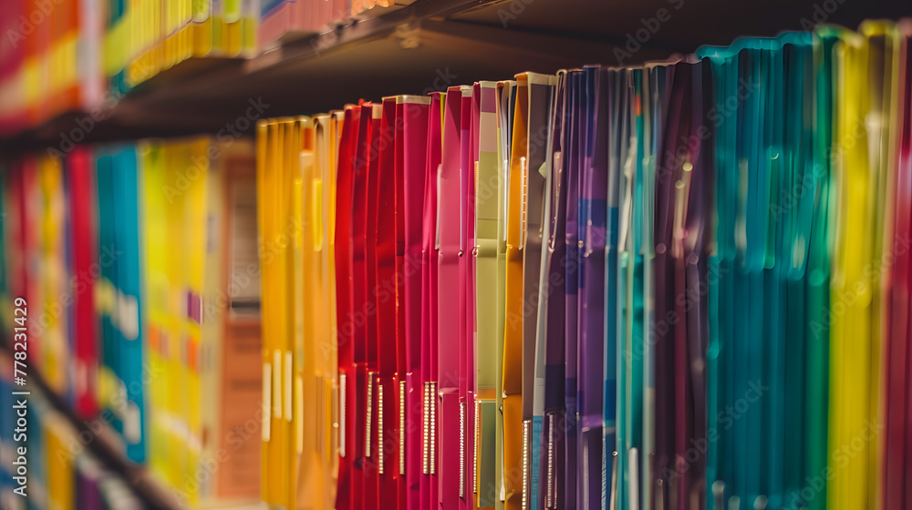 Poster a row of colorful medical records is neatly arranged on the shelf
