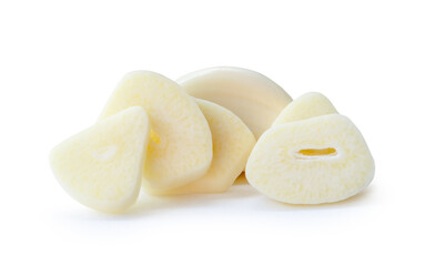 Front view set of fresh garlic clove with slices or pieces in stack isolated on white background with clipping path