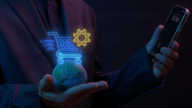 Procurement Management Industry for supply chain and retail logistics concept. Businessman showing earth global with animation of neon line shopping cart with gears sign.