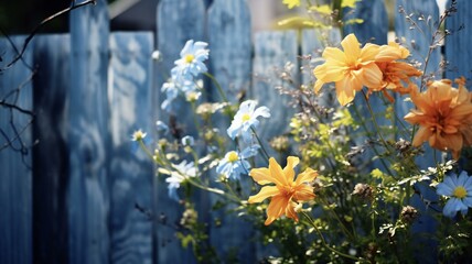 of brightly colored flowers around a fence