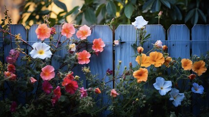 of brightly colored flowers around a fence