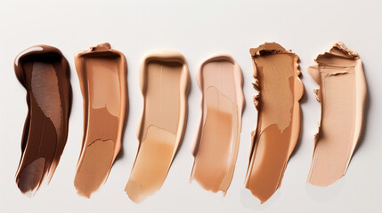 Swatches of different shades and types of liquid foundation, from light to dark skin tones.