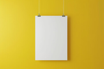 A white blank canvas hanging on a clean yellow color wall