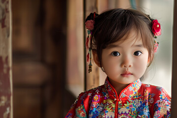 Adorable little Chinese child poses with a captivating smile, exuding innocence and cultural charm