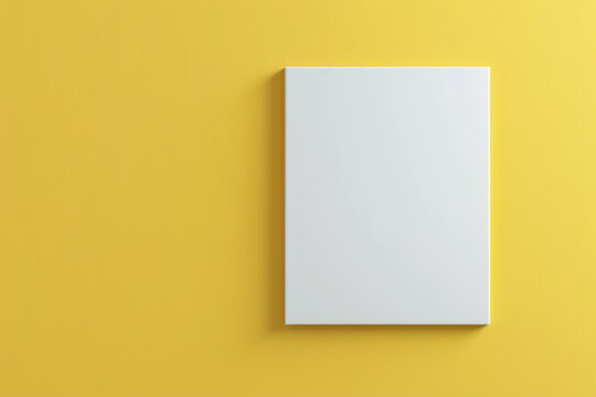 A white blank canvas hanging on a clean yellow color wall