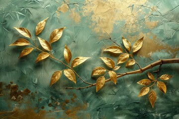 Wallpaper with golden decoration, art painting, background, art and nature. Floral pattern with golden leaves, plant and bamboo of curvature of line, green background.