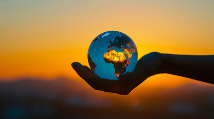 A hand holding the globe of the Earth, at sunset. The concept of saving the world and protecting the Earth.