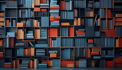 A wall of colorful bookshelves filled with blue