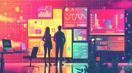 A vibrant digital illustration of two people standing in front of an interactive wall displaying various social media icons