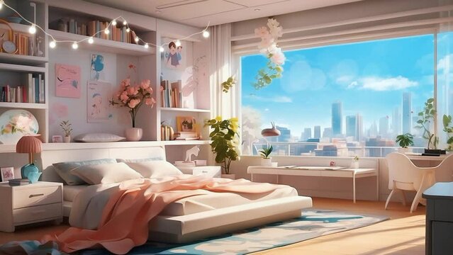 Bedrooms with large windows provide a bright, refreshing atmosphere and a natural touch of the outside view, creating perfect relaxation. seamless looping time lapse animation video background 