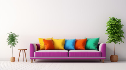 Modern Living Room with Purple Sofa and Multicolored Cushions