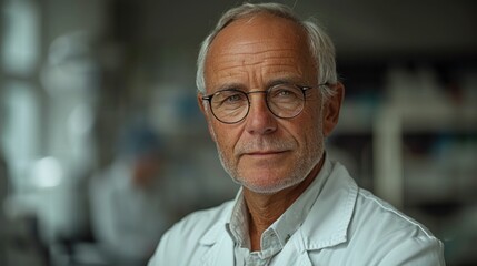 Fototapeta premium Senior scientist in laboratory conducting experiments and analyzing results while looking at camera