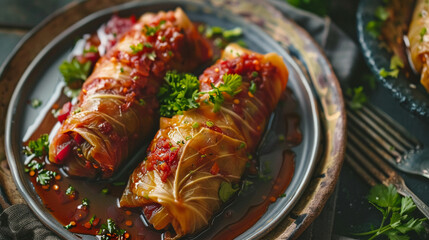 Homemade cabbage rolls, plate ready to serve, soft overhead light, detailed and comforting - obrazy, fototapety, plakaty