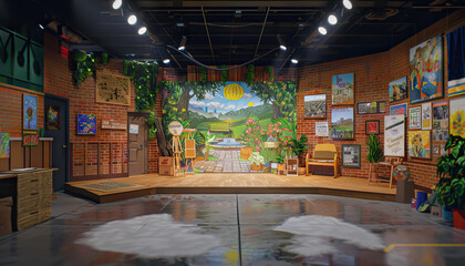 Community and Social Issues Talk Show Studio: A community focused set with local art, community bulletin boards, and a backdrop featuring scenes from the local community.