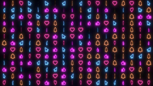 Neon red blue social network background looping with like, thump up, heart, cursor, bell subscribe. The neon signs of social media reactions. Concept: marketing, promotion, advertising, businnes