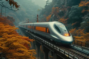 Fotobehang A futuristic magnetic levitation (maglev) train gliding above its track, silent and fast © create