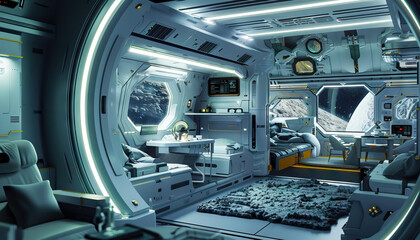 Space Colony Habitat: A space colony set with futuristic living quarters, zero-gravity zones, and space exploration missions for space colonization shows