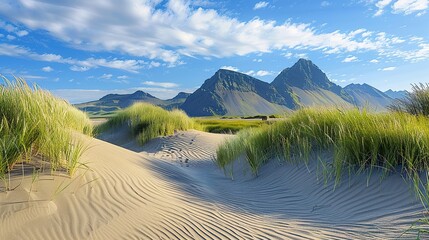 Sand dunes on the Stokksnes on southeastern Icelandic coast  - obrazy, fototapety, plakaty