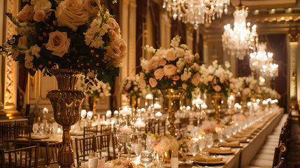 An elegant, candlelit wedding reception in a grand ballroom, with intricate crystal chandeliers and long tables adorned with lush floral arrangements