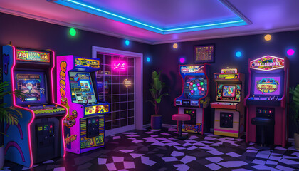 Retro Gaming Arcade: An arcade-themed set with vintage arcade games, neon lights, and retro decor for gaming shows - obrazy, fototapety, plakaty