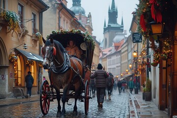 A horse-drawn carriage transporting delighted tourists along historic cobblestone streets, with the clip-clop of horse hooves and the aroma of street food in the air - obrazy, fototapety, plakaty