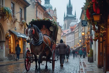 Rolgordijnen A horse-drawn carriage transporting delighted tourists along historic cobblestone streets, with the clip-clop of horse hooves and the aroma of street food in the air © create