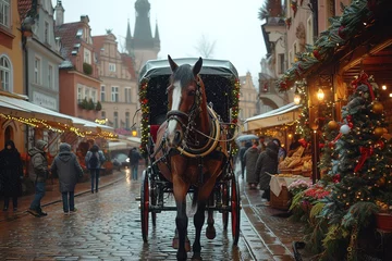 Foto op Plexiglas A horse-drawn carriage transporting delighted tourists along historic cobblestone streets, with the clip-clop of horse hooves and the aroma of street food in the air © create