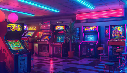 Retro Gaming Arcade: An arcade-themed set with vintage arcade games, neon lights, and retro decor for gaming shows