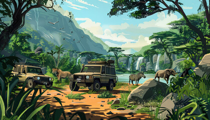 Wildlife Safari Adventure: A safari-themed set with safari vehicles, wildlife replicas, and jungle scenery for wildlife adventure shows - obrazy, fototapety, plakaty