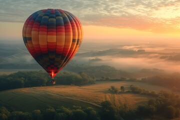 Naklejka premium A hot air balloon gracefully ascending at dawn, its vibrant envelope painted with intricate designs, with passengers in the basket enjoying champagne and breathtaking aerial views