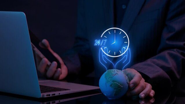Customer service concept. Nonstop service 24 hrs. for worldwide nonstop and full-time available contact of service. Businessman showing global with animation of hand holding virtual 24-7 with clock.