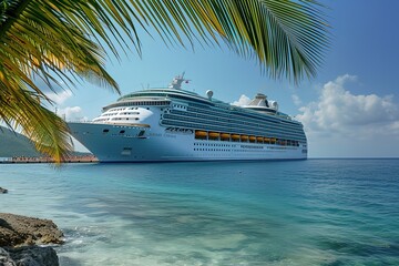A massive cruise ship anchored at a tropical island paradise