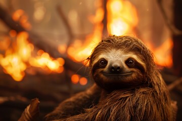 Fototapeta premium Sloth's sorrow in forest fire scene, flames in background