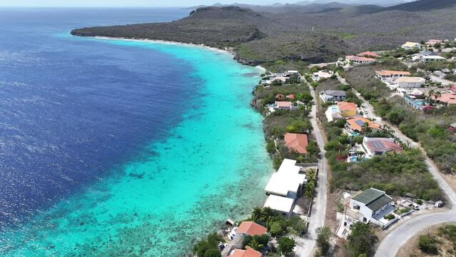 Cas Abao Beach At Willemstad In Netherlands Curacao. Island Beach. Blue Sea Landscape. Willemstad At Netherlands Curacao. Tourism Background. Nature Seascape.