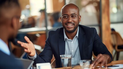 Smiling businessman in discussion at a casual meeting in a modern cafe setting