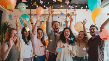 Diverse group of happy employees throwing confetti and balloons, celebrating success together - obrazy, fototapety, plakaty