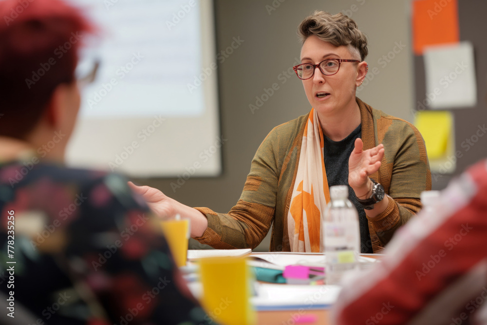 Poster inclusive workshop discussion led by a non-binary leader to promote diversity and teamwork in a crea
