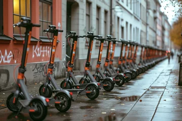 Keuken foto achterwand A row of electric scooters lined up for rent on a city sidewalk © create