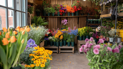 Vibrant display of assorted flowers at a charming local flower shop