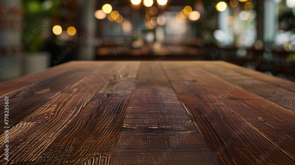 Poster generative ai : closeup top wood table with blur background, for your photo montage or product displ
