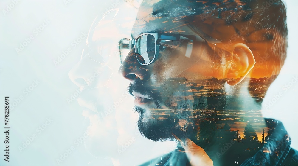 Poster generative ai : double exposure of male face. abstract man portrait. digital art. guy in glasses of 