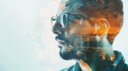 Generative AI : Double exposure of male face. Abstract man portrait. Digital art. Guy in glasses of virtual reality. - Powered by Adobe