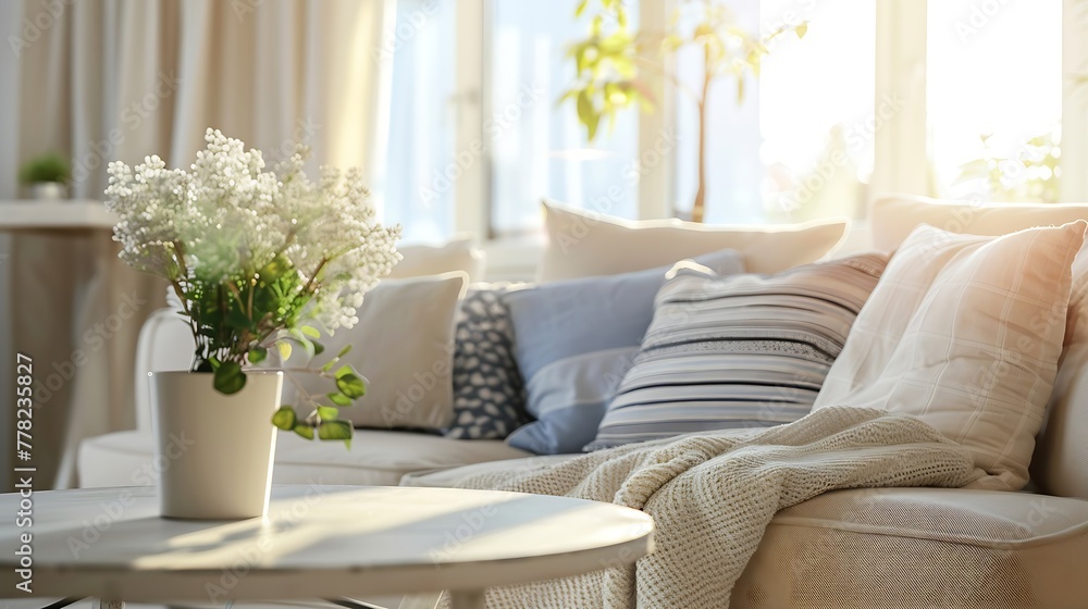 Poster generative ai : close-up of bright living room with sofa and table in front of sofa against blurred 